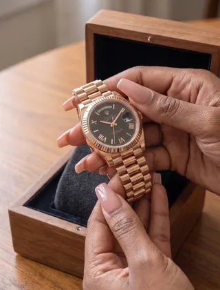 Hands lifting a rose gold watch out of a wooden box